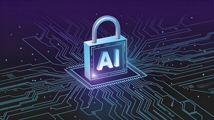 Secure AI concept with padlock on circuit board background