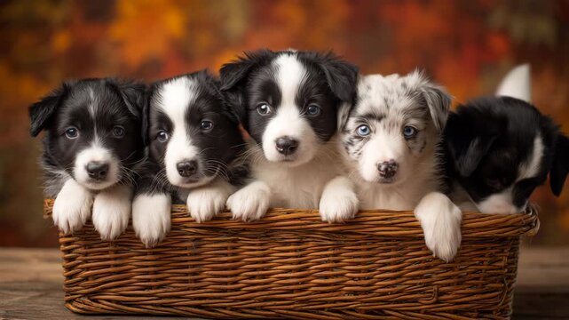 籐かごに並ぶボーダーコリー子犬たちの愛らしい集合