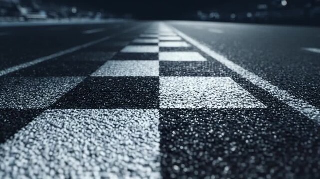 Finish Line's Threshold: A close-up perspective of a race track's finish line, bathed in a dramatic black and white light. The checkered pattern leads the eye, suggesting motion, competition.