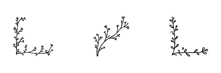 Obraz premium Floral Corner And Divider Line Icon Set In Doodle Style. Decorative Botanical Elements For Design And Layout Outline Sketch Collection. Hand Drawn Isolated Vector Illustration