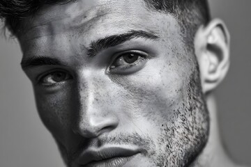 Strikingly ultra-realistic portrait of a young man with defined features, showcasing expressive eyes and textured skin, emphasizing the beauty of natural masculinity and confidence