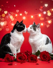 Red Valentine's Day background, a white and a black cat are sitting with their heads touching, roses, confetti and light in the background.