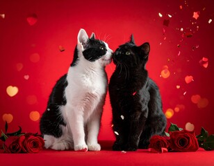 Red Valentine's Day background, a white and a black cat are sitting with their heads touching, roses, confetti and light in the background.