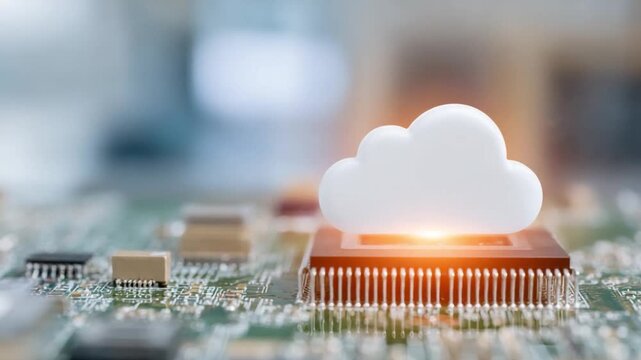 Cloud Computing: Conceptual image showing a white cloud hovering over a computer chip, symbolizing data storage and cloud services.