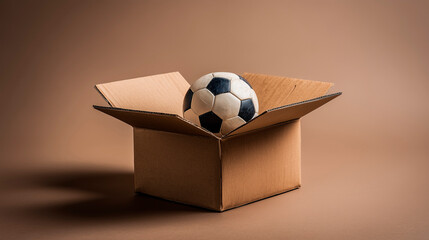 Soccer ball inside an open cardboard box on studio background, concept of equipment delivery and new beginning
