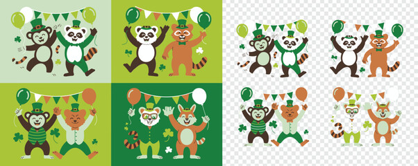 Obraz premium Happy St Patricks Day animal friends like monkeys, pandas, raccoons, and bears celebrating joyfully