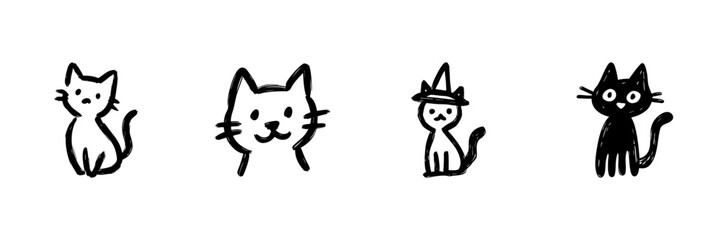 Cute Cat Line Icon Set In Doodle Style. Playful Feline Characters And Halloween Theme Outline Sketch Collection. Hand Drawn Isolated Vector Illustration