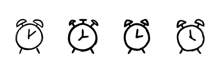 Alarm Clock Line Icon Set In Doodle Style. Time Management, Punctuality, And Wake-Up Call Outline Sketch Collection. Hand Drawn Isolated Vector Illustration