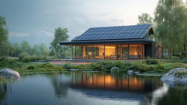 Eco-Friendly Haven: A modern house with solar panels on the roof reflects in a calm lake, embracing the tranquility of nature, promoting sustainable living and environmentally conscious design.
