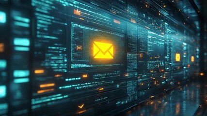 Digital Communication: A captivating digital artwork showcasing a futuristic scene with glowing envelope icons and intricate coding, symbolizing the essence of modern digital communication. - Powered by Adobe
