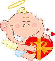 Adorable Cupid Baby Cartoon Character Hugging Gift Heart &ndash; Vector Hand Drawn Illustration Isolated On Transparent Background