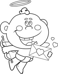 Cheerful Cupid Baby Cartoon Character Delivering Love Letter &ndash; Black and White Vector Hand Drawn Illustration Isolated On Transparent Background
