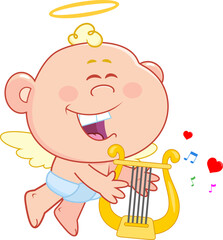 Cheerful Cupid Baby Cartoon Character Playing Lyre &ndash; Vector Hand Drawn Illustration Isolated On Transparent Background