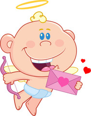 Happy Cupid Baby Cartoon Character Delivering Love Letter &ndash; Vector Hand Drawn Illustration Isolated On Transparent Background