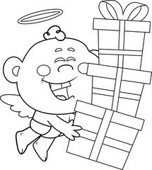 Playful Cupid Baby Cartoon Character Carrying Gift Boxes &ndash; Black and White Vector Hand Drawn Illustration Isolated On Transparent Background