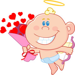 Smiling Cupid Baby Cartoon Character Holding Heart Bouquet &ndash; Vector Hand Drawn Illustration Isolated On Transparent Background