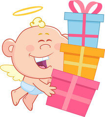 Happy Cupid Baby Cartoon Character Carrying Stacked Gift Boxes &ndash; Vector Hand Drawn Illustration Isolated On Transparent Background