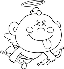 Cheeky Cupid Baby Cartoon Character Flying With Bow, Heart Arrow and Tongue Out &ndash; Black and White Vector Hand Drawn Illustration Isolated On Transparent Background