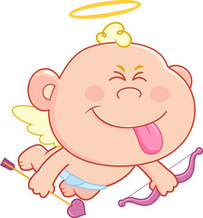 Naughty Cupid Baby Cartoon Character Flying With Bow, Heart Arrow, and Playful Tongue Out &ndash; Vector Hand Drawn Illustration Isolated On Transparent Background