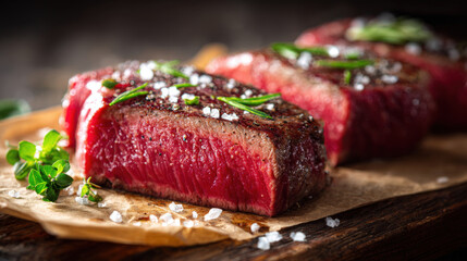 Premium Raw Beef Mignon Steaks Seasoned with Sea Salt Crystals and Fresh Rosemary Sprigs Resting on Brown Parchment Paper over a Rustic Wooden Cutting Board in a Professional Culinary Dark Kitchen