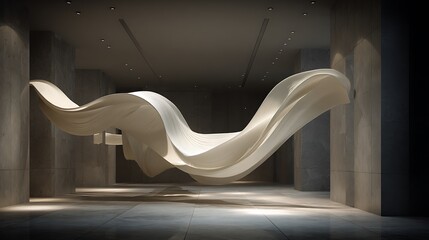 Modern architectural white flowing ribbon sculpture in a minimalist concrete interior with dramatic lighting