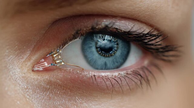 captures a detailed close up of a persons blue eye Neural implants providing a way to restore vision, Close-up of a blue eye with neural implants designed to restore vision