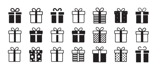 Gift Box Icon Set. Black and White Present Symbols, valentine's day and Birthday Gift Box Vector, Wrapped Present Icon, Gift Package Silhouette. victor illustration eps 10