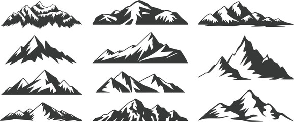 Fototapeta premium Set of black mountain silhouettes and snowy peak shapes, wilderness landscape adventure travel vector design elements