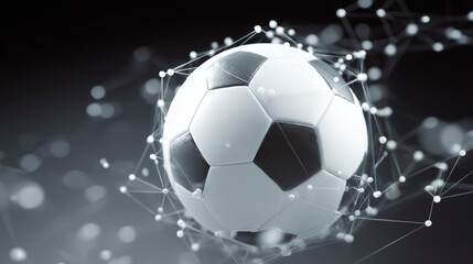 A soccer ball surrounded by a digital network of points and neural connections symbolizing the concept of global connectivity and strategy