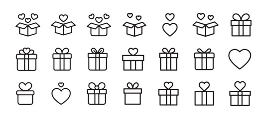 Love with gift box icon set. Black and White Present Symbols, valentine's day and Birthday Gift Box Vector, Wrapped Present Icon, Gift Package Silhouette. victor illustration eps 10