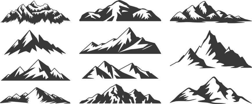 Set of black mountain silhouettes and snowy peak shapes, wilderness landscape adventure travel vector design elements