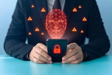 Business professional securing smartphone from cyber threats and data breaches, illustrating digital identity protection and mobile biometric security vulnerabilities in the modern age