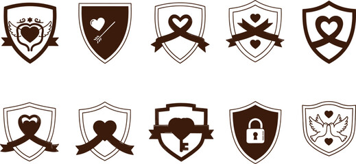 Collection of various shield and heart symbols with ribbons and locks in black