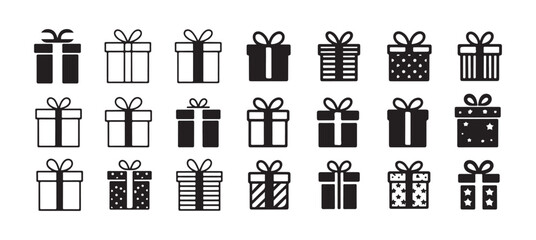 Gift Box Icon Set. Black and White Present Symbols, valentine's day and Birthday Gift Box Vector, Wrapped Present Icon, Gift Package Silhouette. victor illustration eps 10