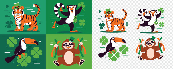 Fototapeta premium Whimsical jungle animals wear St Patricks Day hats and pose happily amongst lucky green shamrocks