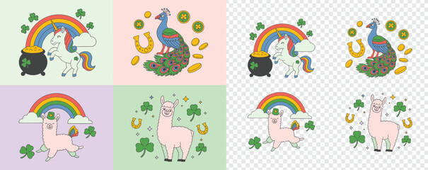 Whimsical St Patricks Day animals including a unicorn, peacock, and llama celebrating with lucky shamrocks