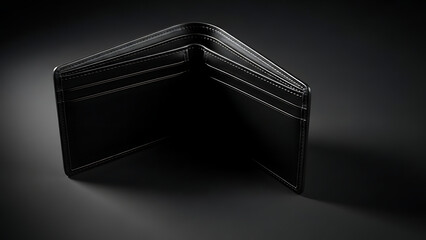 Open black leather bi fold wallet with white stitching on dark gray background bi-fold