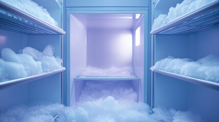 Empty frosty freezer interior with ice buildup, providing copy space, ideal for cold storage, freezing services, food preservation, and promotional visuals