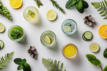 Flat lay composition of wellness beverages and fresh plant ingredients, clean aesthetic, healthy lifestyle and nutrition balance theme