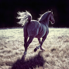 A majestic American Saddlebred in full parade tack, tail arched and legs prancing high, gliding across a show ring. Shot in 8K ultra high-resolution with hyperreal color depth and a shallow depth of f
