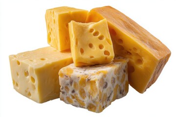 A selection of delicious cheese blocks with holes and marbled texture on a white background