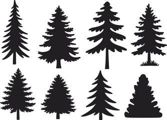 Set of black pine tree silhouettes, coniferous forest spruce and fir tree shapes vector nature elements © Majnur
