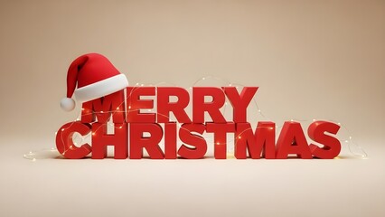A delightful 3D rendering wishing Merry Christmas with prominent red text a traditional Santa hat adorns the letter M sparkling highlights on a warm light background celebrating the festive holiday