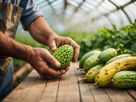 man holding green bumpy vegetable in greenhouse transparent background.png	man holding green bumpy vegetable in greenhouse transparent background mans hands holding a green bumpy vegetable next to pil