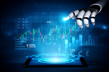 A futuristic representation of a robot hand engaging with a tablet that displays digital financial data and analytics, showcasing the integration of technology and finance. Scalp