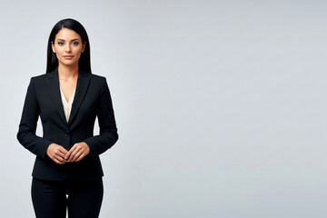 A professional Hispanic female executive in a suit standing on the far left with a neutral expressionplain light background, copy space