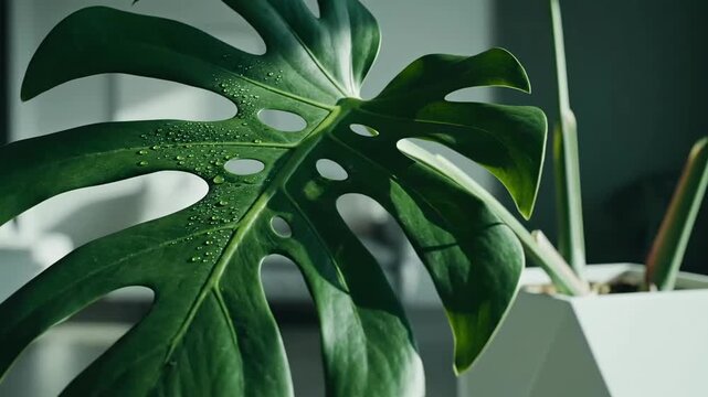 Delicate Monstera Leaf With Water Droplets Reflecting Sunlight In Indoor Setting Close Up Shot