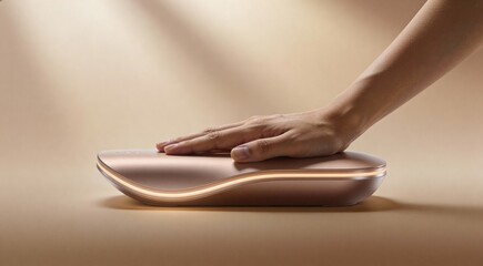 Profile shot of an ergonomic futuristic electronic device with a flowing light element. Concept of digital health, premium industrial design, and smart assistant hardware.