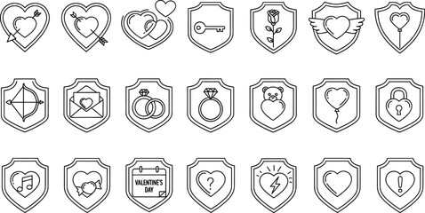 Collection of various shield icons with symbols and objects