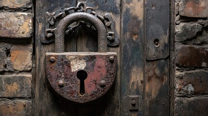 A heavily rusted old padlock hangs from a weathered wooden door